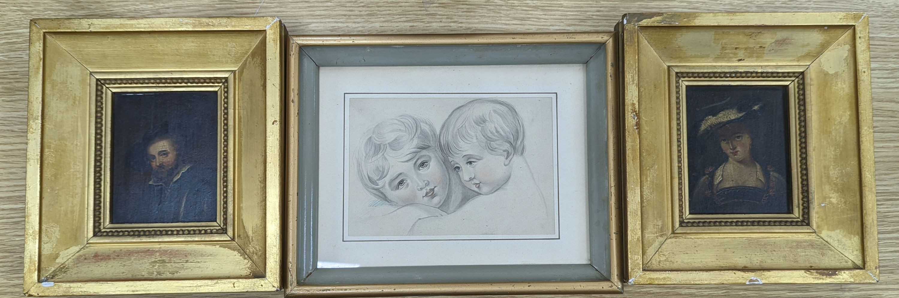 Victorian School, pair of oils on board, Studies of a 17th century lady and gentleman, 10 x 8cm and a watercolour sketch of two children, 10 x 15cm